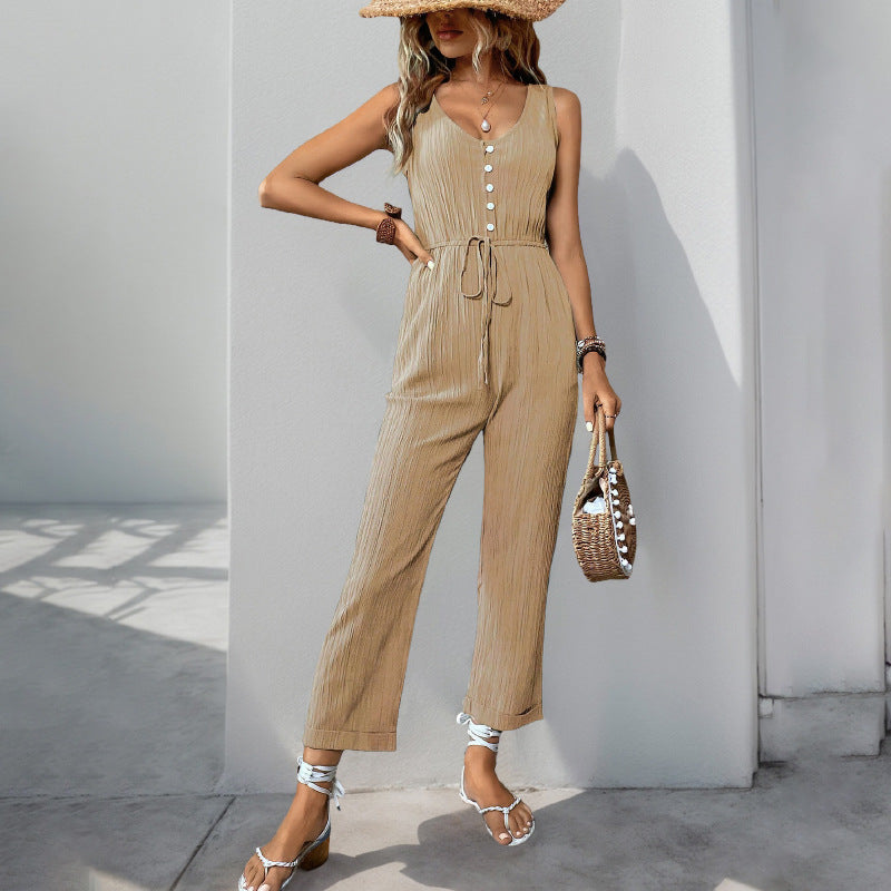 Damen eleganter Jumpsuit mit Knopfleiste und taillierbarem Gürtel R&B