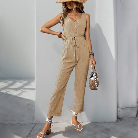 Damen eleganter Jumpsuit mit Knopfleiste und taillierbarem Gürtel R&B