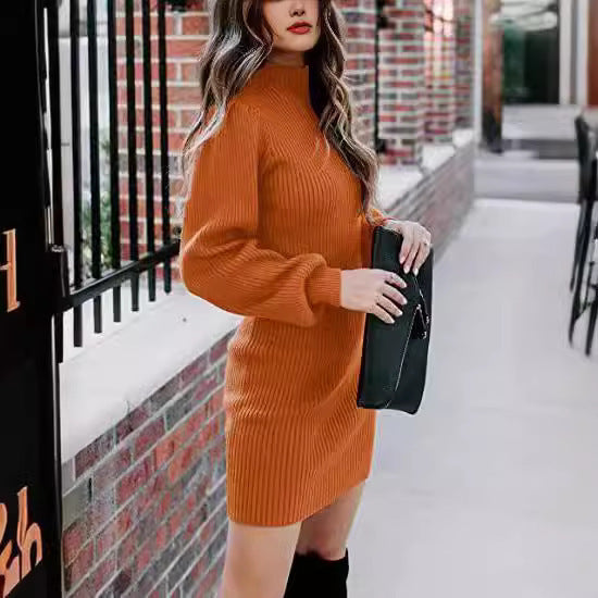 Damen Strickkleid mit hohem Kragen und Puffärmeln R&B
