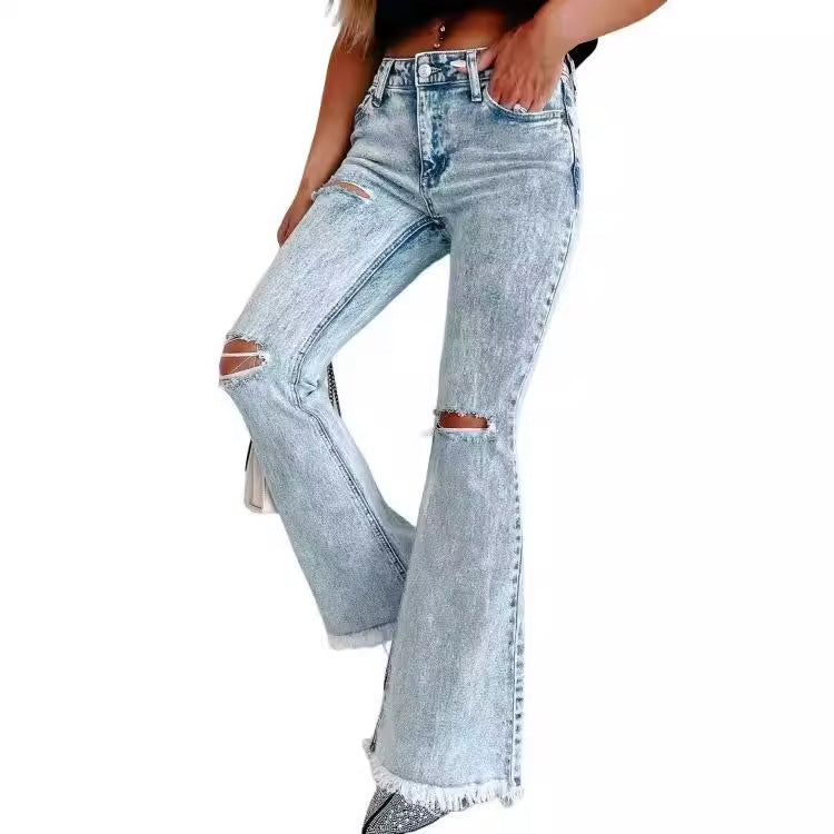 Damen Flared Jeans mit modischen Fransen und Rissen R&B