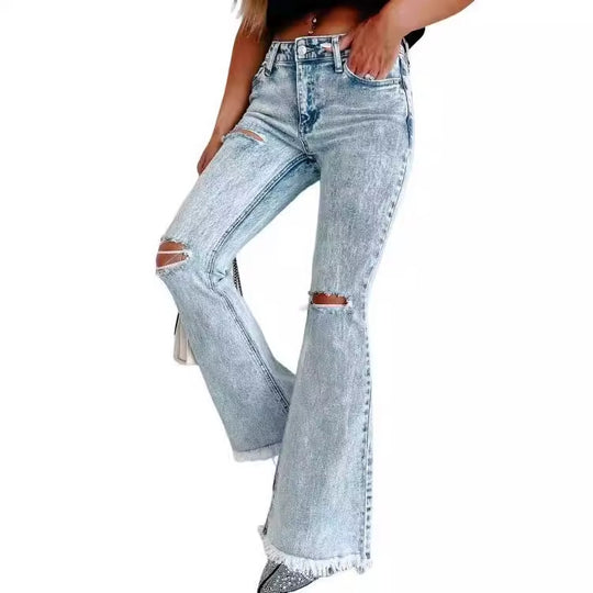 Damen Flared Jeans mit modischen Fransen und Rissen R&B
