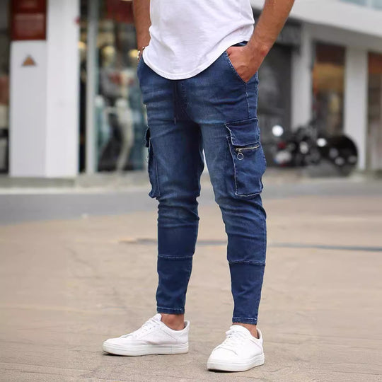 Herren Cargo-Jeans im modernen Slim-Fit Stil mit praktischen Seitentaschen und dekorativen Reißverschlüssen R&B