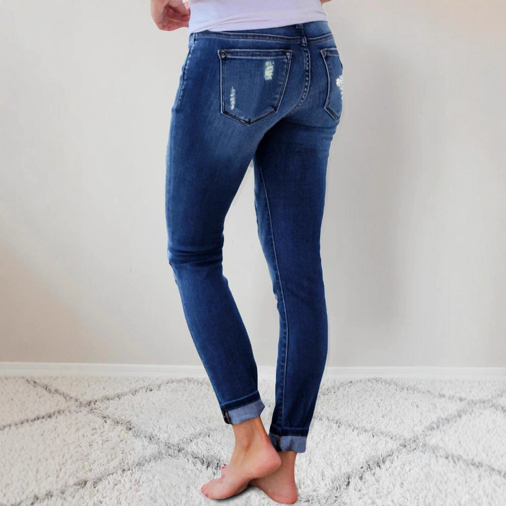 Damen Slim-Fit Jeans mit Leoparden-Detail und Distressed-Optik R&B