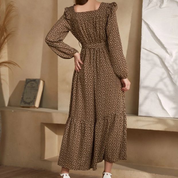 Damen Maxikleid im Boho-Stil mit weitem Rock und Taillengürtel R&B