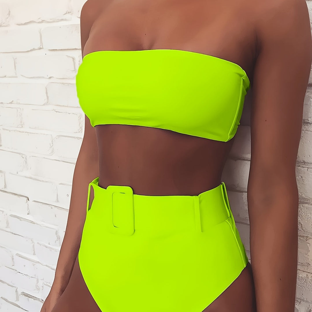 Damen Bandeau-Bikini-Set mit hoch taillierter Hose und trendigem Gürteldetail R&B