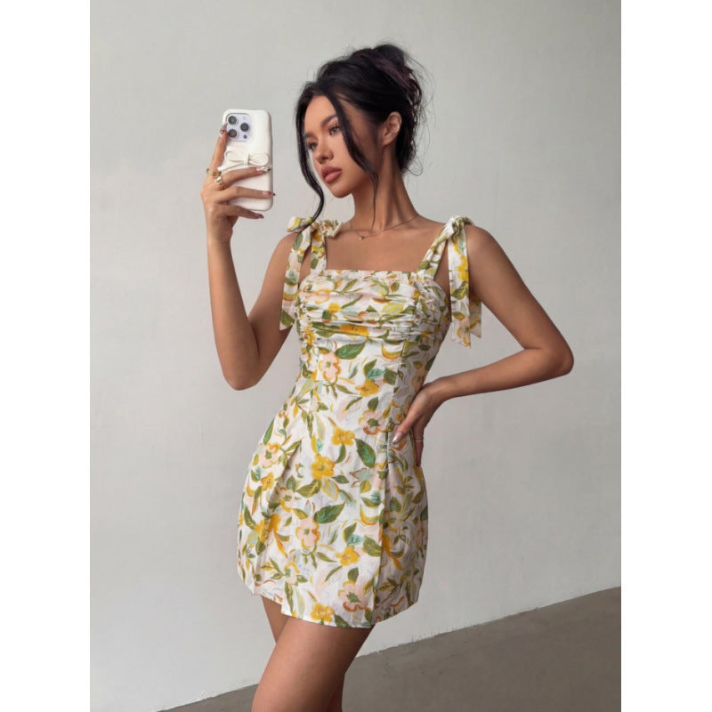 Damen Minikleid mit ärmellosen Bindeschultern und floralem Design R&B