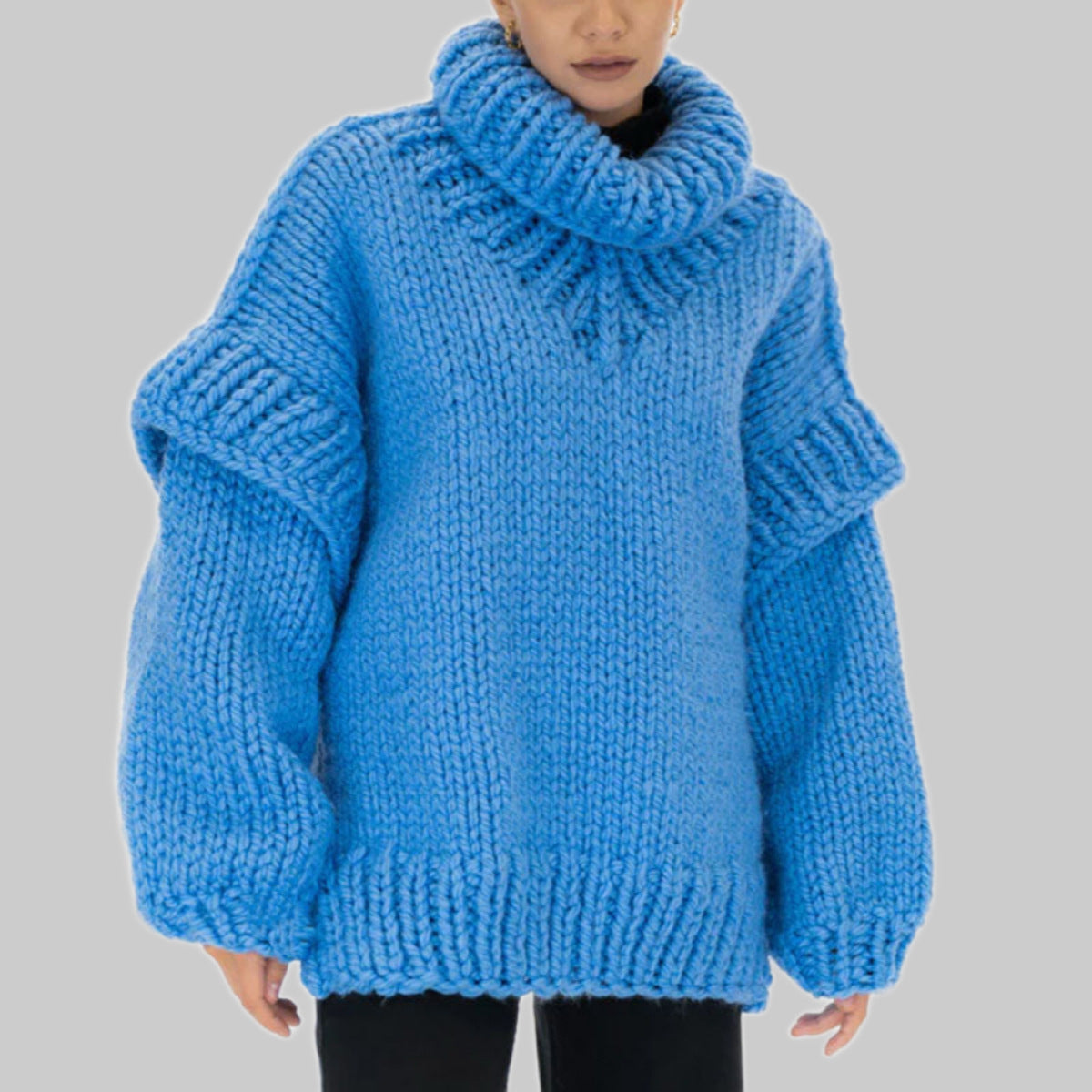Damen Lockerer Strickpullover mit voluminösen Ärmeln und hohem Kragen