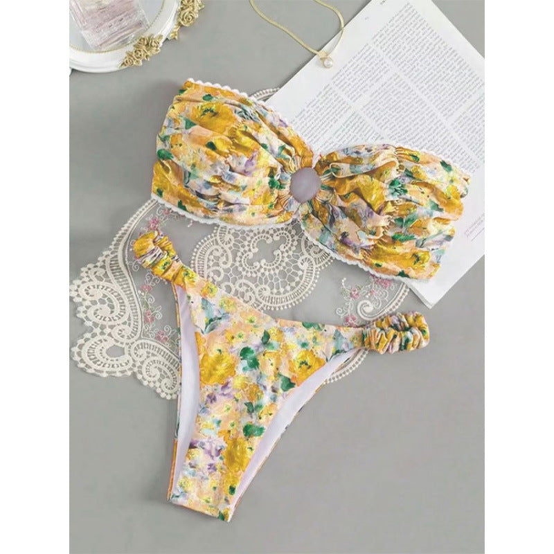 Damen Bandeau-Bikini mit romantischem Rüschendesign und verführerischem Blumenmuster R&B