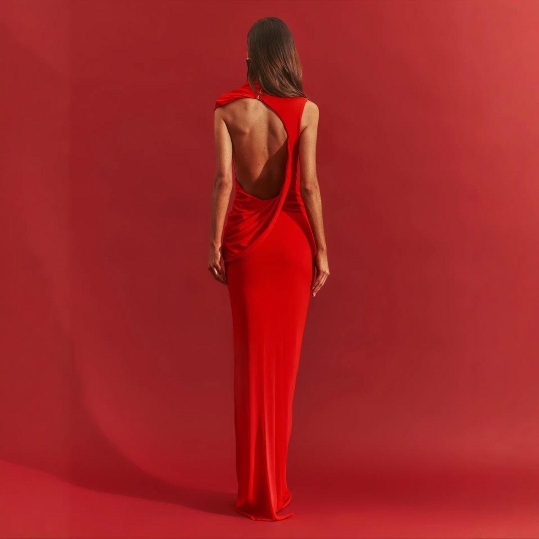 Damen stilvolles Maxikleid mit asymmetrischem Schnitt und hohem Stehkragen R&B
