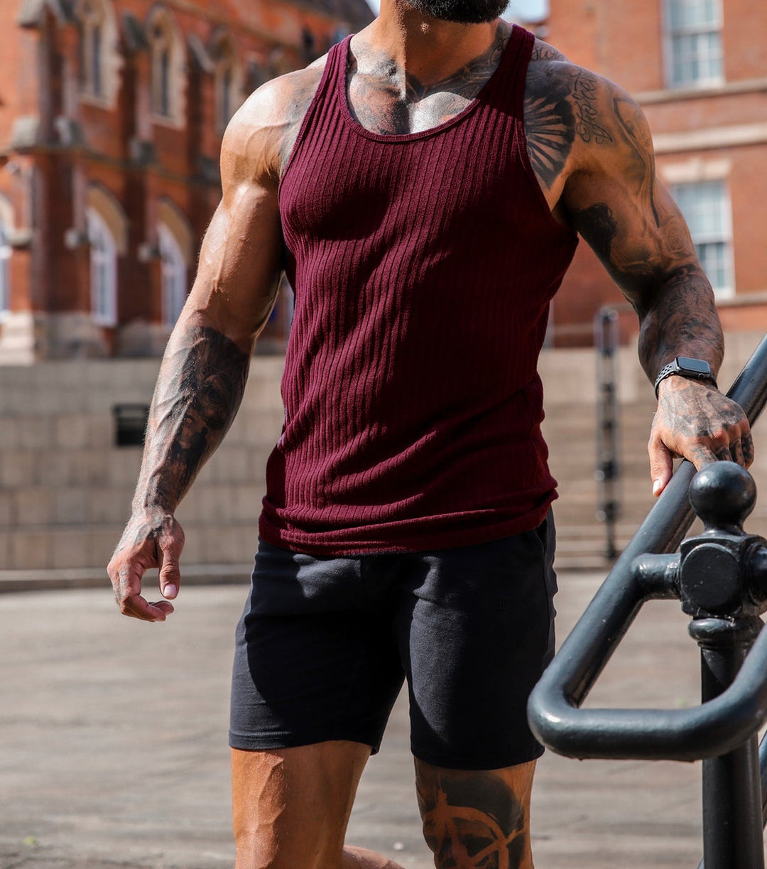 Herren nan geripptes Muskelshirt mit U-Ausschnitt und stretchigem Baumwollmix R&B