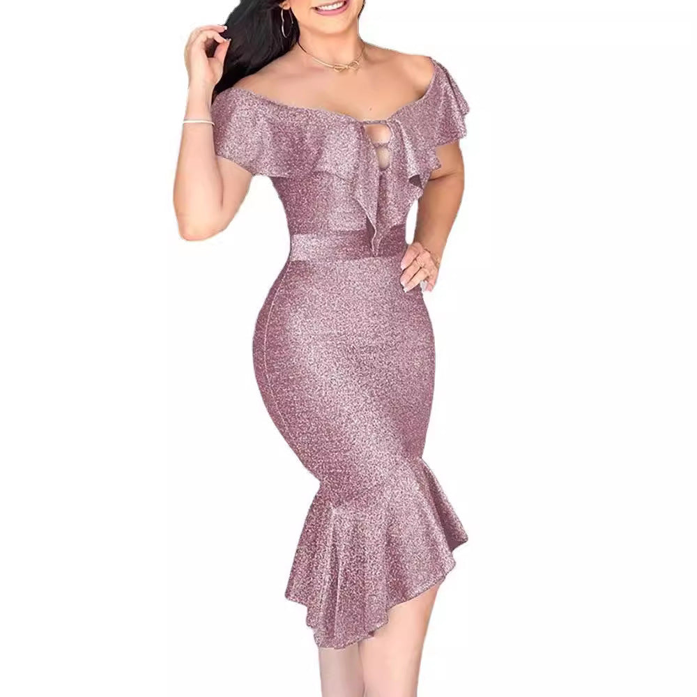 Damen Glitzerndes Midi-Kleid mit Rüschen und Schlitz R&B