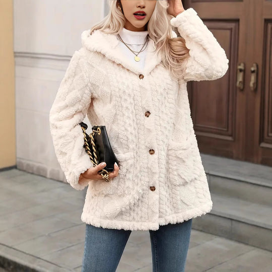 Damen angenehme und weiche Plüschjacke mit Kapuze und Taschen R&B