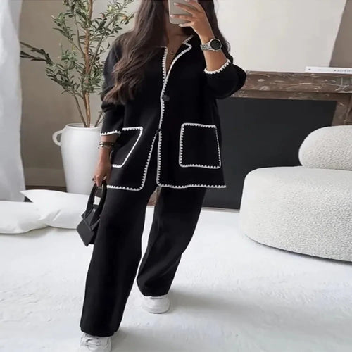Damen elegantes Strickblazer-Set mit kontrastierenden Details R&B