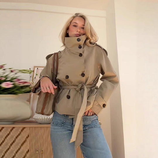 Damen stylische Übergangsjacke mit hohem Kragen und Taillengürtel R&B
