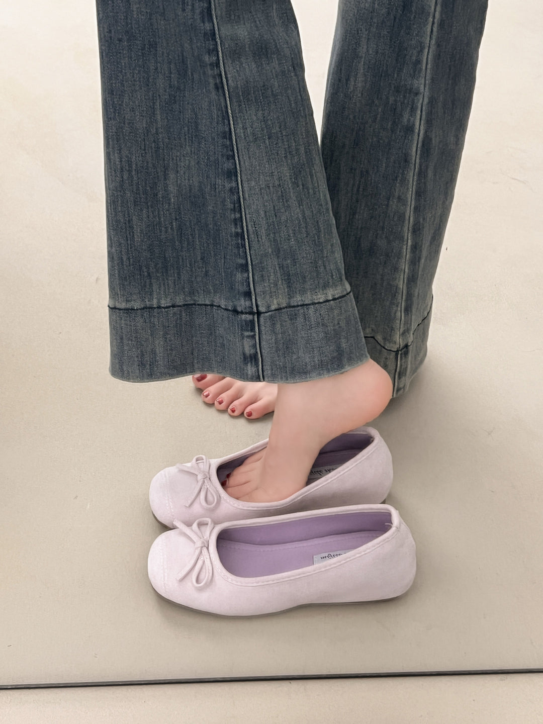 Damen Ballerinas mit zarter Schleifenapplikation und weichem Veloursleder R&B
