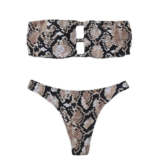 Damen Bandeau-Bikini mit elegantem Cut-Out und auffälligem Schlangenprint R&B