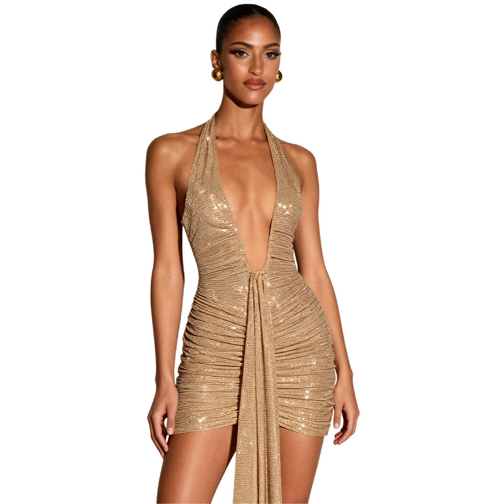 Damen Glitzerndes Minikleid mit tiefem V-Ausschnitt und raffinierten Drapierungsdetails R&B