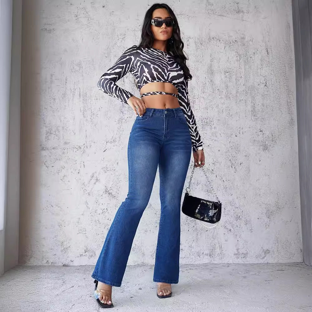 Damen Flared Jeans im modernen Design mit hohem Bund und ausgefallenem Waschung R&B