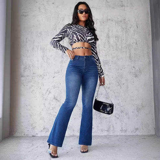 Damen Flared Jeans im modernen Design mit hohem Bund und ausgefallenem Waschung R&B