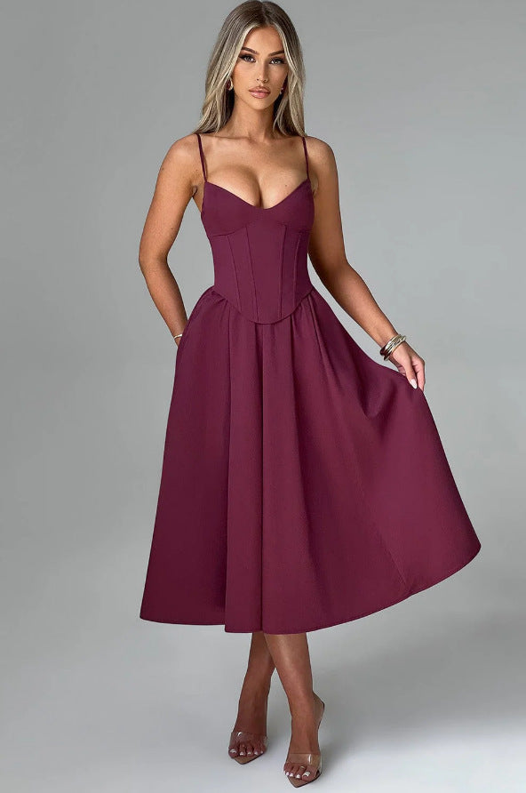 Damen Midikleid mit figurbetontem Oberteil und schwingendem Rock