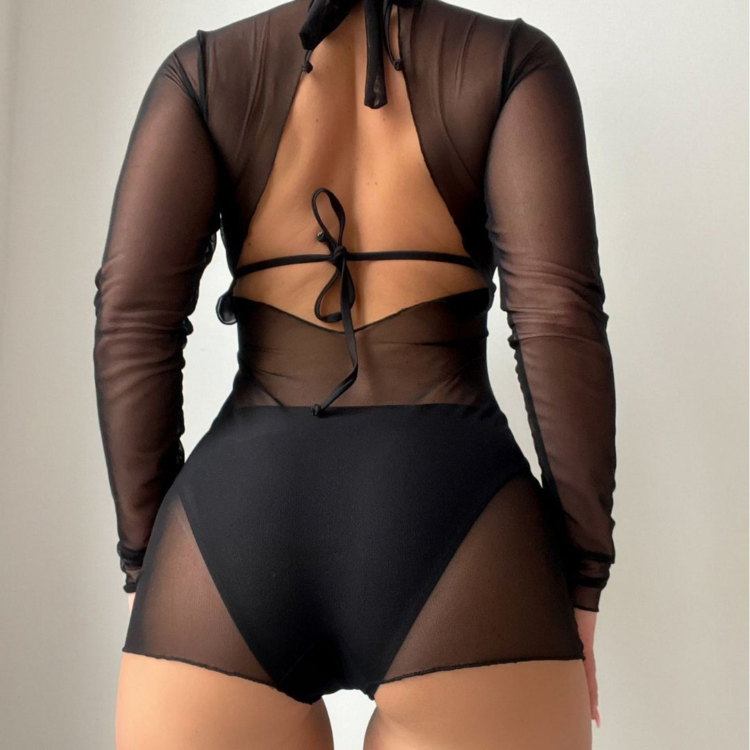 Damen High-Cut Badeanzug mit transparenten Ärmeln R&B