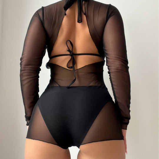 Damen High-Cut Badeanzug mit transparenten Ärmeln R&B