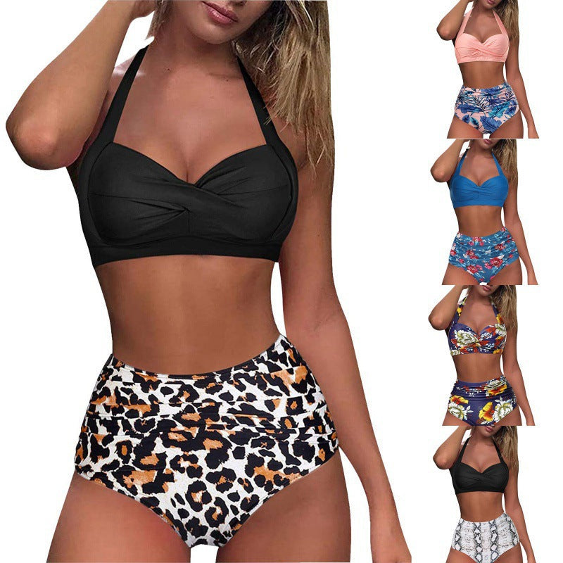 Damen Hochtaillierter Karobikini mit gerafftem Oberteil R&B
