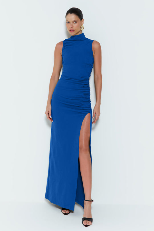 Damen Figurbetontes Maxikleid mit Stehkragen und geschmeidigem Rüschen-Design R&B