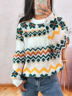 Damen Grobstrickpullover mit buntem Zickzackmuster und floralen Akzenten R&B