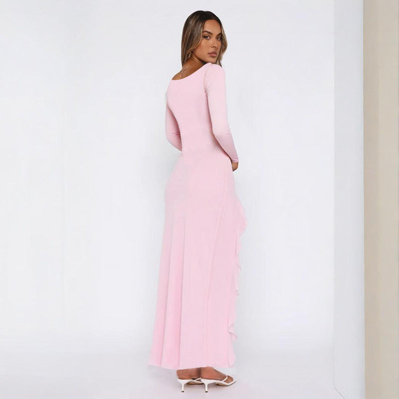 Damen elegantes Maxikleid mit Rüschen und tiefem Ausschnitt R&B