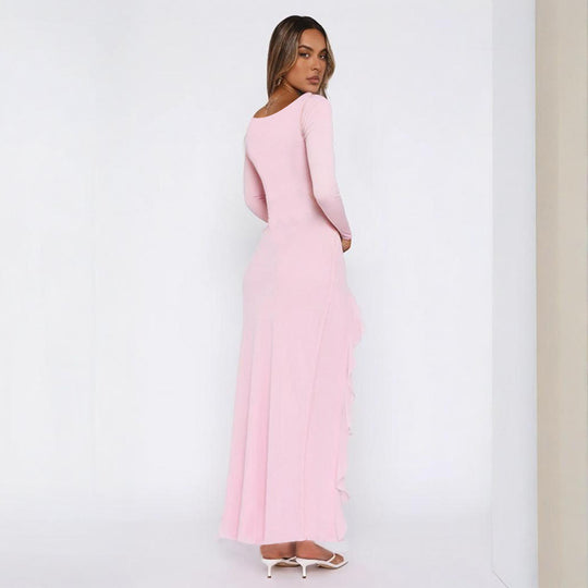Damen elegantes Maxikleid mit Rüschen und tiefem Ausschnitt R&B