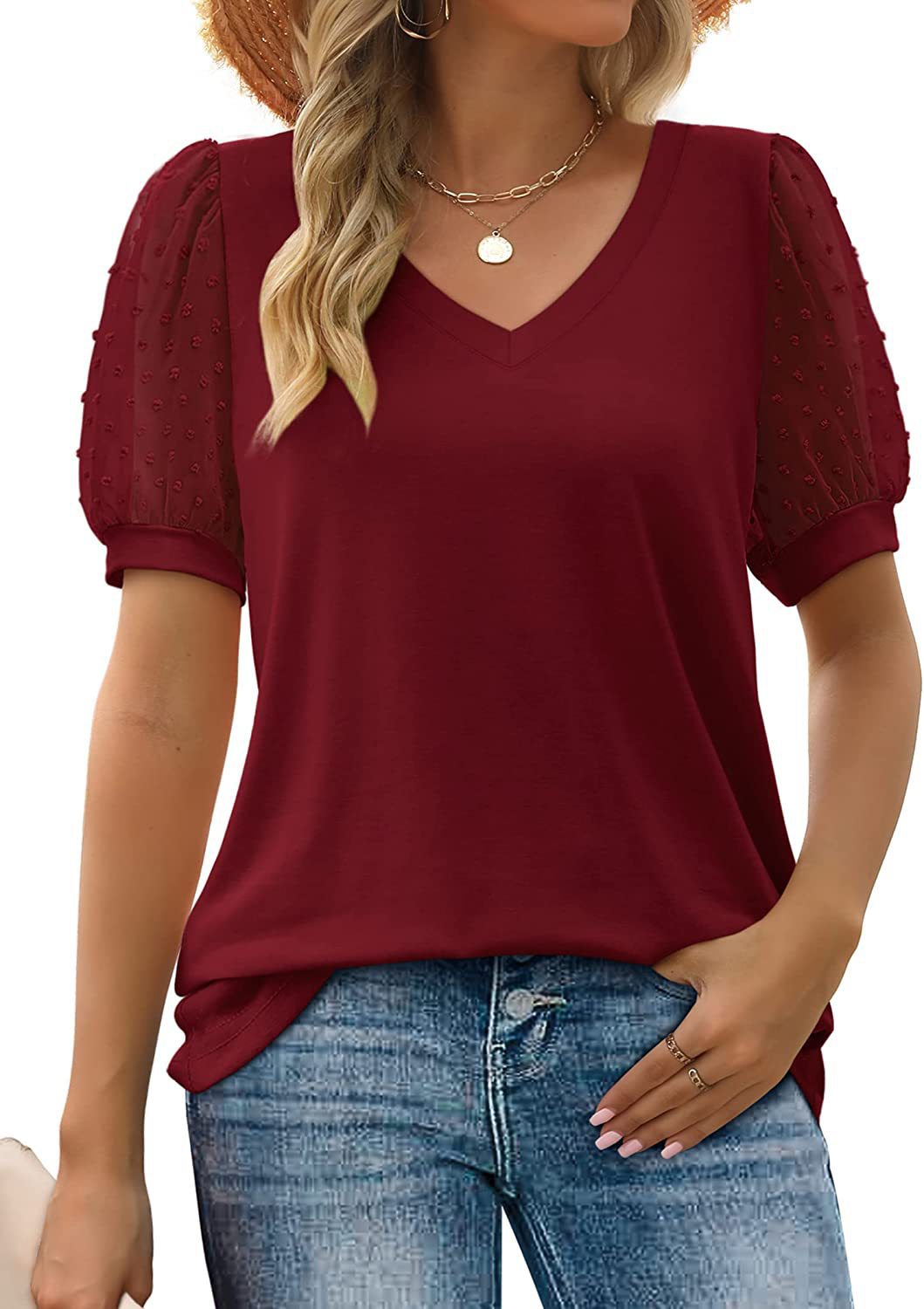 Damen V-Ausschnitt T-Shirt mit Puffärmeln R&B