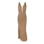Damen Maxikleid mit tiefem V-Ausschnitt und seitlichem Schlitz R&B