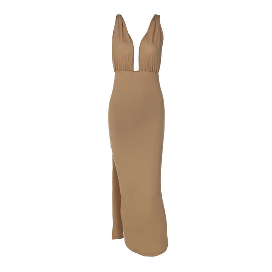 Damen Maxikleid mit tiefem V-Ausschnitt und seitlichem Schlitz R&B