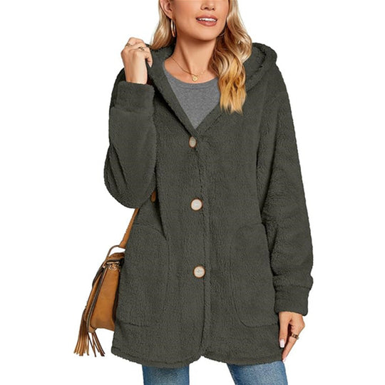 Damen kuschelige Oversized-Jacke mit Kapuze und praktischen Taschen R&B