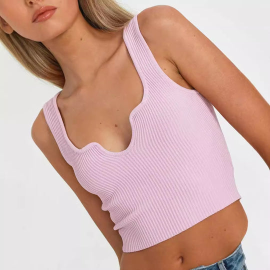 Damen Crop-Top mit Wellen-Ausschnitt und feiner Rippstruktur R&B
