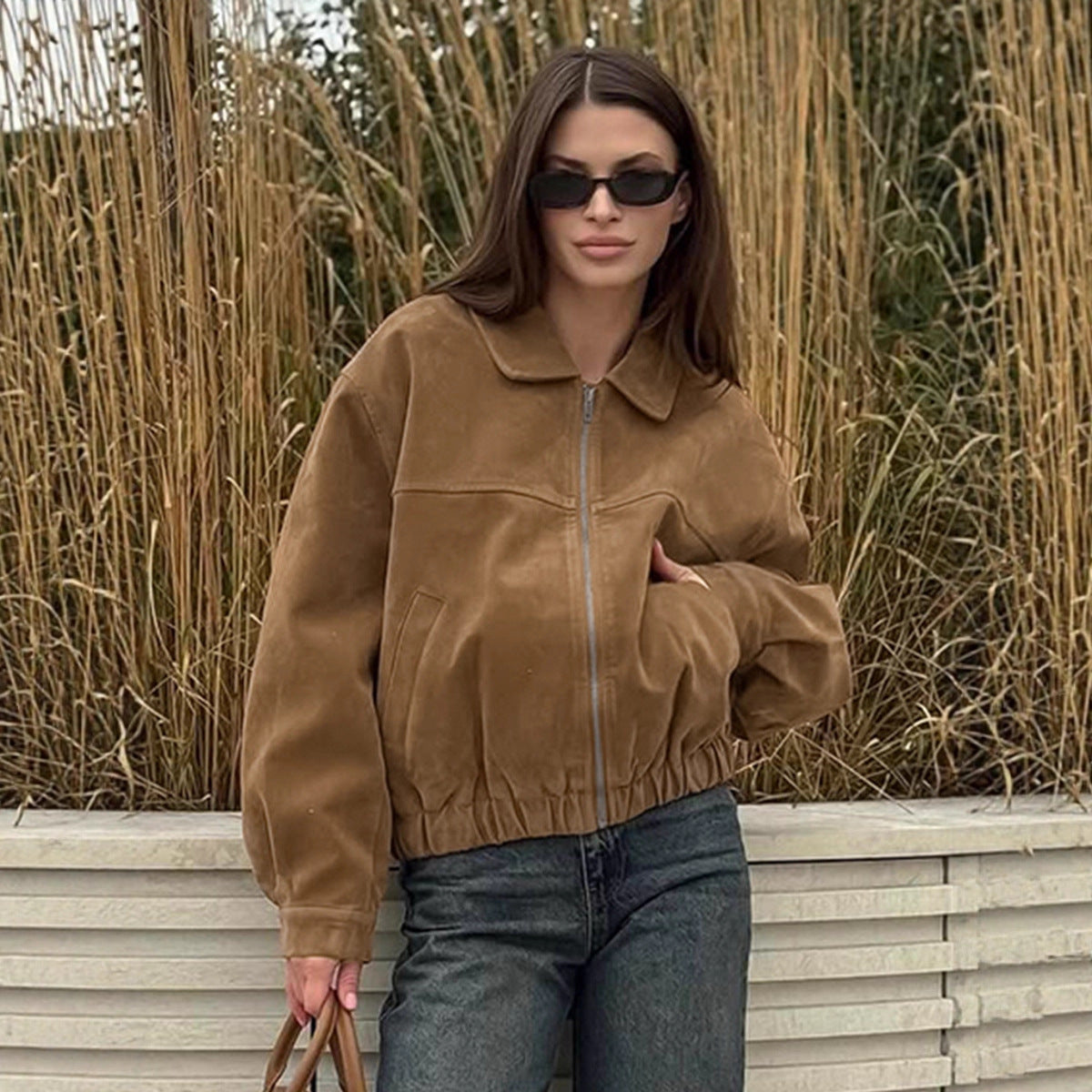 Damen Modische Wildlederjacke mit elastischem Bund und asymmetrischem Kragen R&B