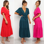 Damen Maxikleid mit tiefem V-Ausschnitt und schwingenden Ärmeln R&B