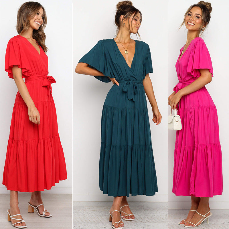 Damen Maxikleid mit tiefem V-Ausschnitt und schwingenden Ärmeln R&B