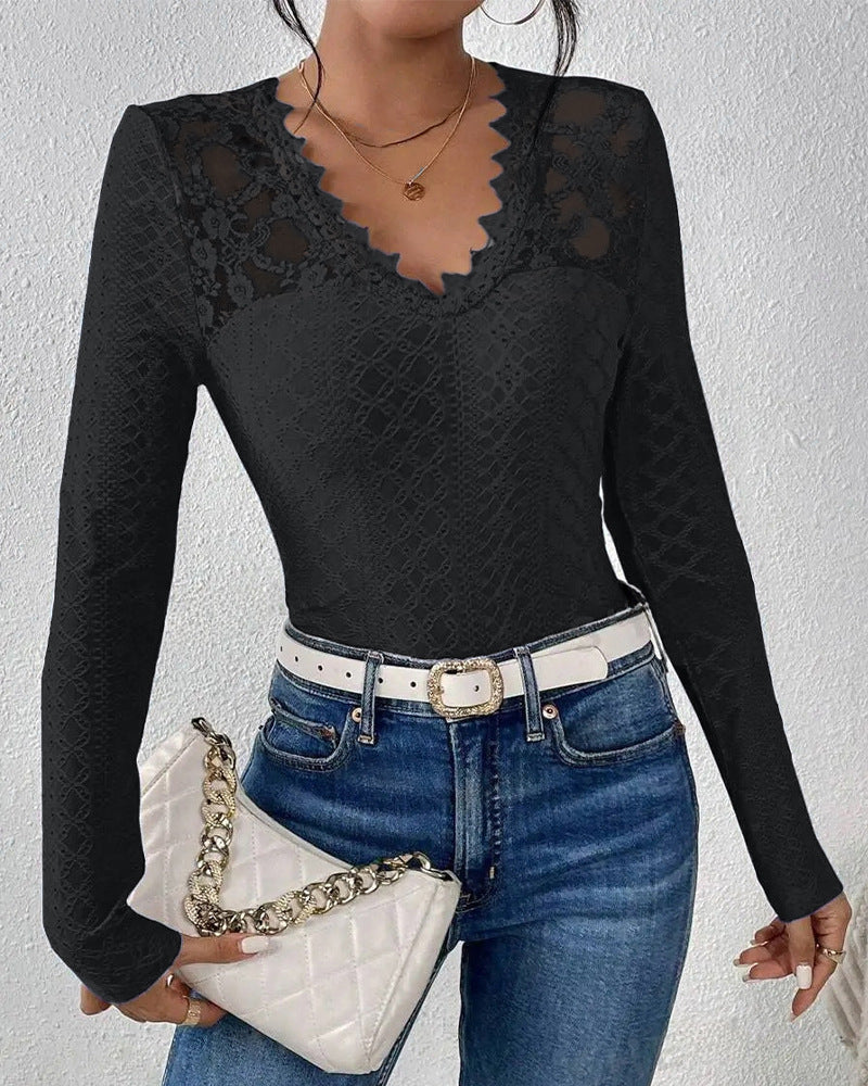 Damen nan figurbetontes Spitzen-Langarmshirt mit gezacktem V-Ausschnitt R&B