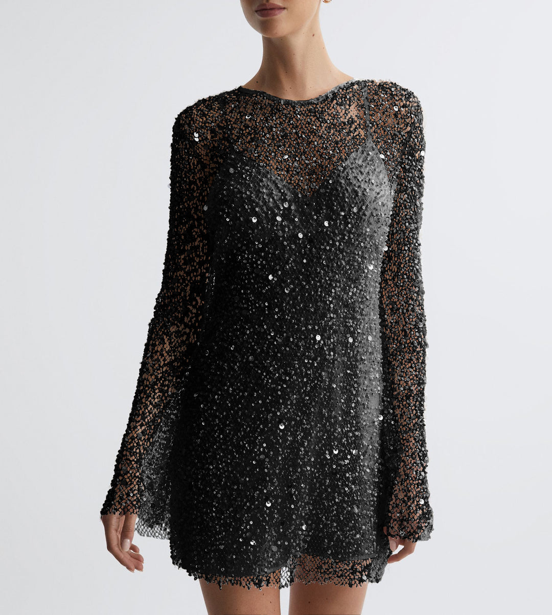 Damen Glitzerndes Cocktailkleid mit schimmernden Pailletten und langen Ärmeln R&B