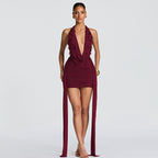 Damen Elegantes Minikleid mit tiefem V-Ausschnitt und fließenden Drapierungen R&B