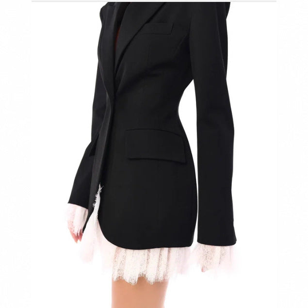 Damen nan längerer taillierter Blazer-Mantel mit Reverskragen und Pattentaschen R&B