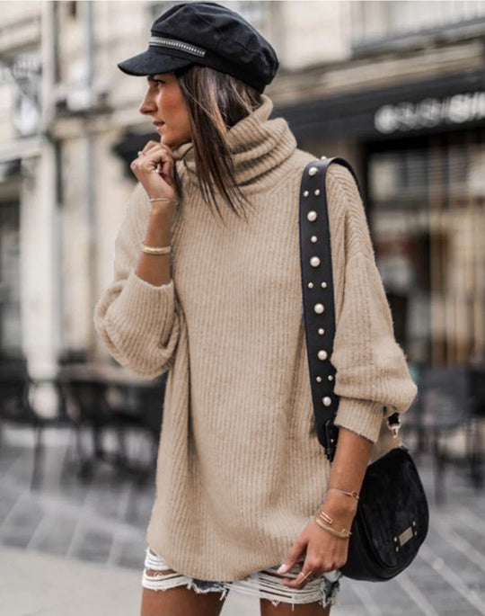 Damen Grobstrickpullover mit hohem Kragen und lässiger Passform R&B