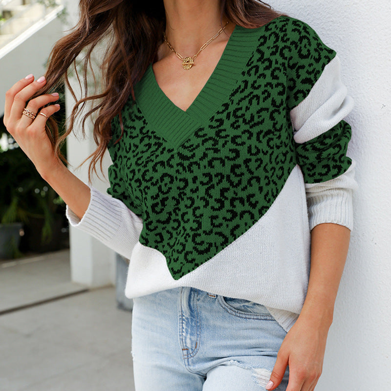 Damen Modischer Pullover mit einzigartigem Leopardenmuster und V-Ausschnitt R&B