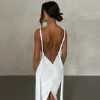 Damen Maxikleid mit tiefem V-Ausschnitt und seitlichem Schlitz R&B