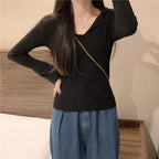 Damen Langarmshirt mit tiefem Rundhals und feiner Rippstruktur
