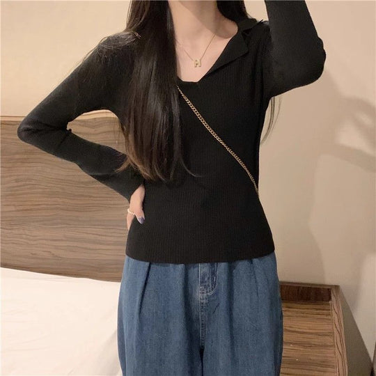Damen Langarmshirt mit tiefem Rundhals und feiner Rippstruktur