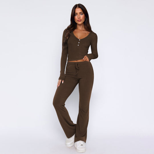 Damen bequemes Oberteil mit Knopfleiste und lockerer Hose R&B