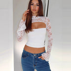 Damen Spitzenoberteil mit innovativem Cut-Out und langen Ärmeln R&B